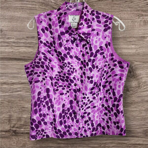 Vintage deadstock ICE 100% silk purple polka dot button front blouse womans sz L